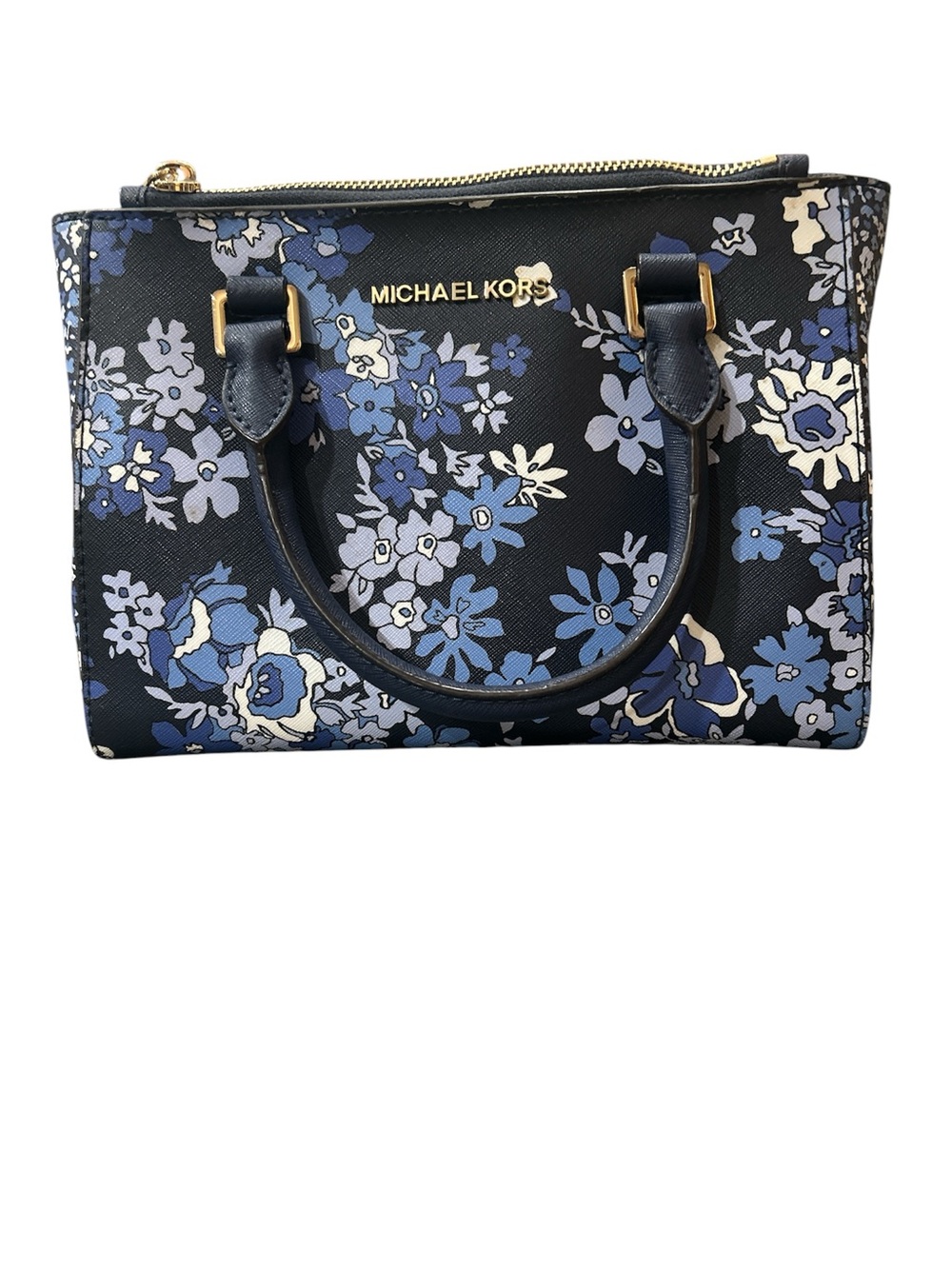 Michael Kors Kellen XS Satchel admiral navy blue floral print, crossbody strap.
